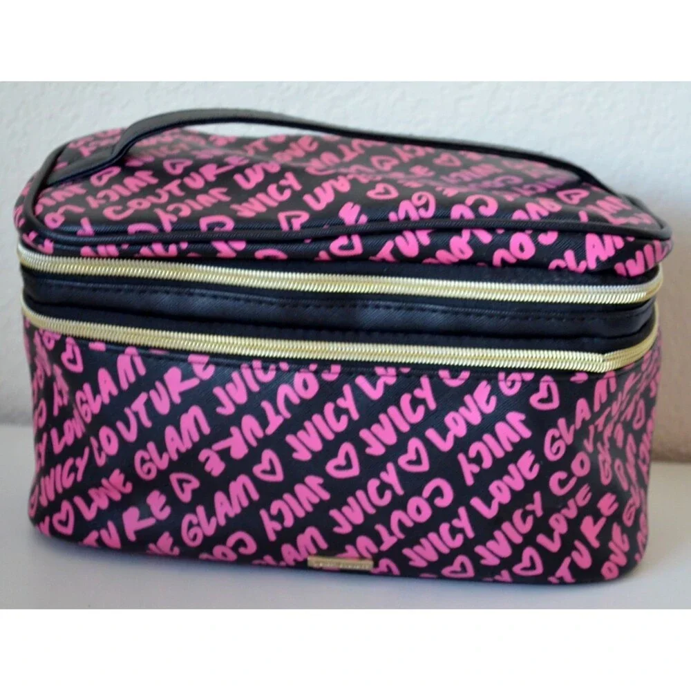 Juicy Couture Pink Black Cosmetic Makeup Bag Train Case 2 Zipper Compartments